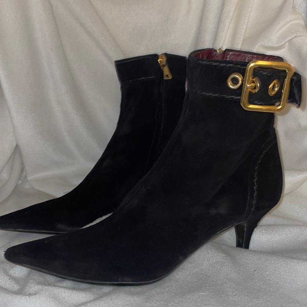 Prada Suede Mini Heel Bootie with Gold Buckle